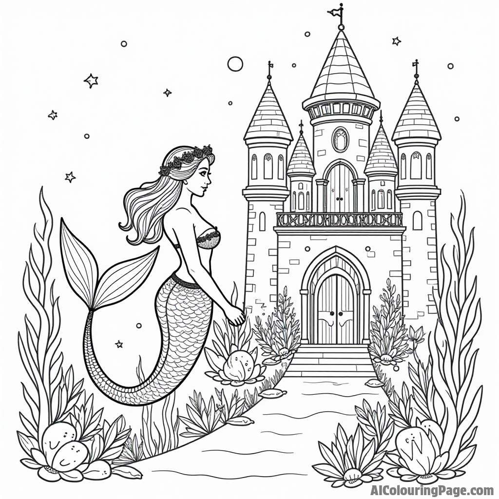 An underwater castle where a mermaid princess holds a royal ball, attended by sea creatures in elegant attire.