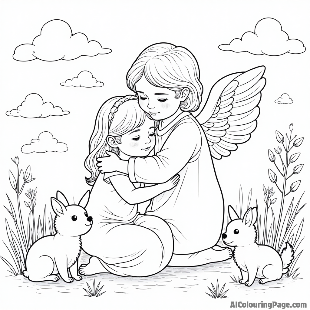 An angel comforting a sad child with a warm embrace in a peaceful setting filled with gentle creatures.