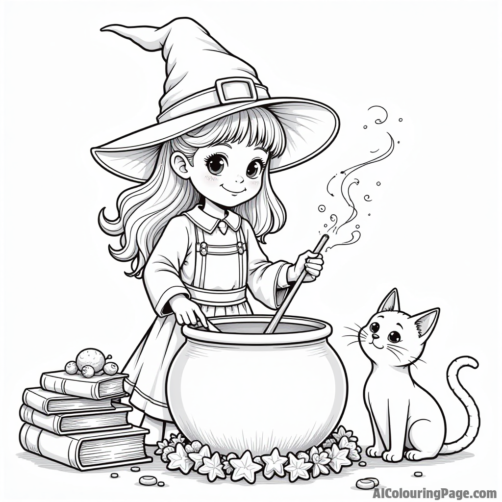 A young witch stirring a cauldron with a mischievous cat watching nearby, surrounded by magical artifacts and books.