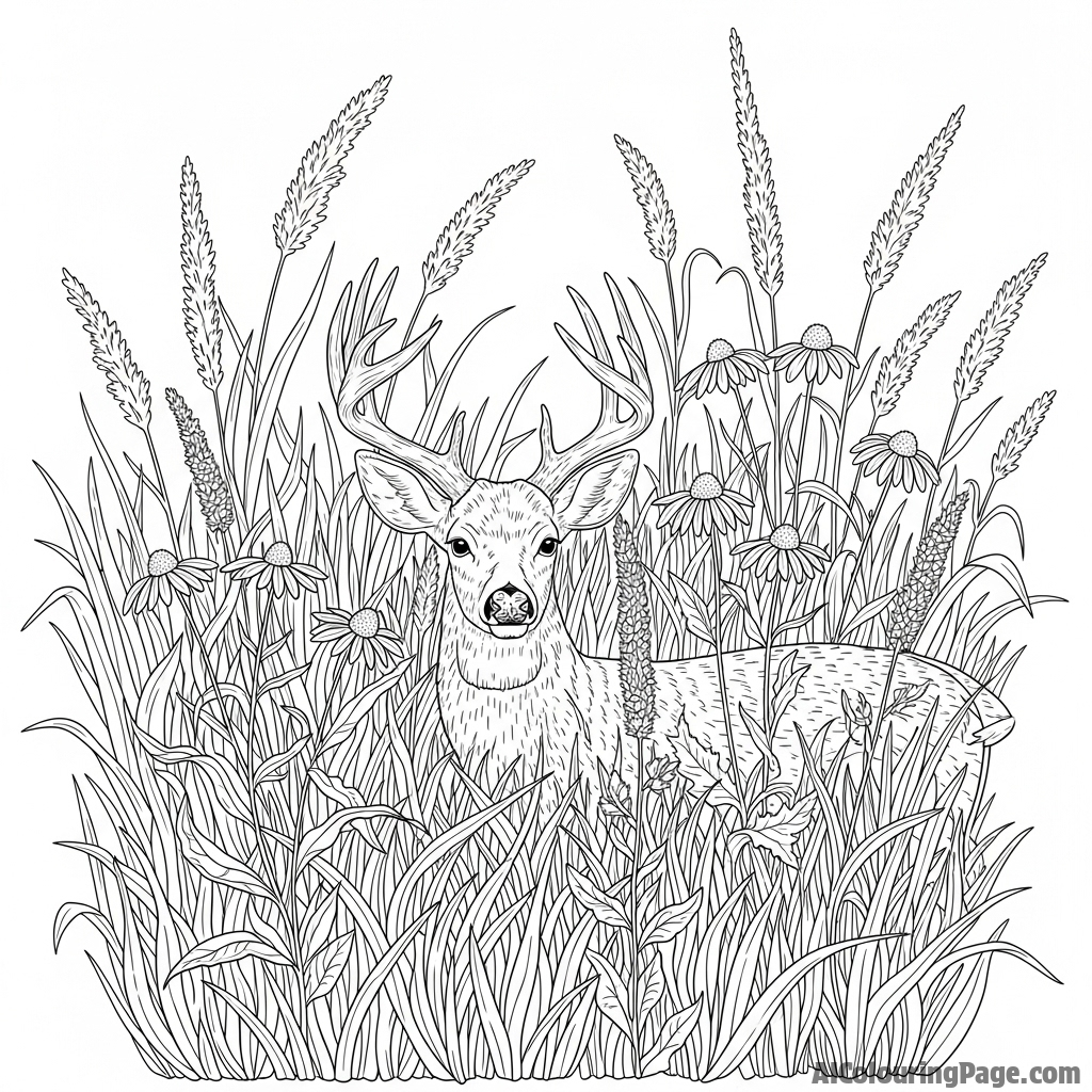 A deer camouflaged amongst the tall grasses of a prairie.