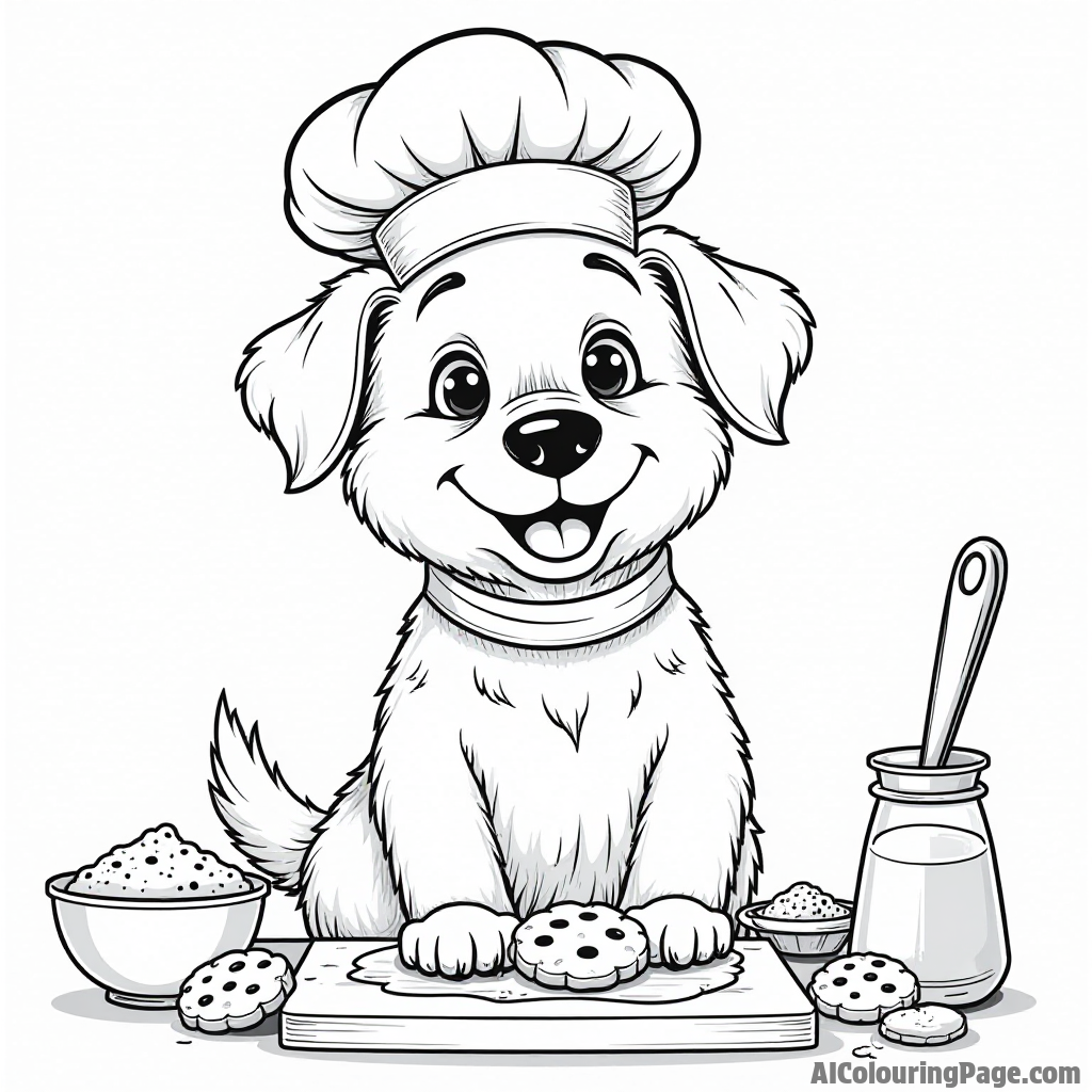 A playful dog wearing a chef hat, surrounded by cookie ingredients, ready to bake delicious cookies in the kitchen.