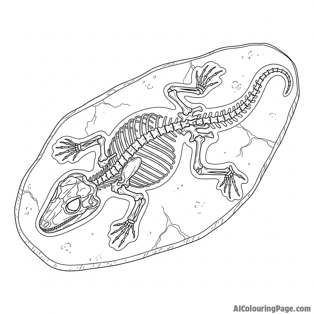 A fossilized lizard skeleton embedded in a slab of stone.