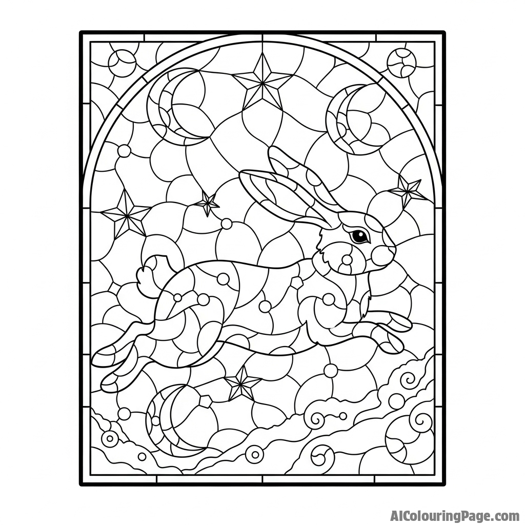 A stained-glass window design featuring a celestial rabbit.