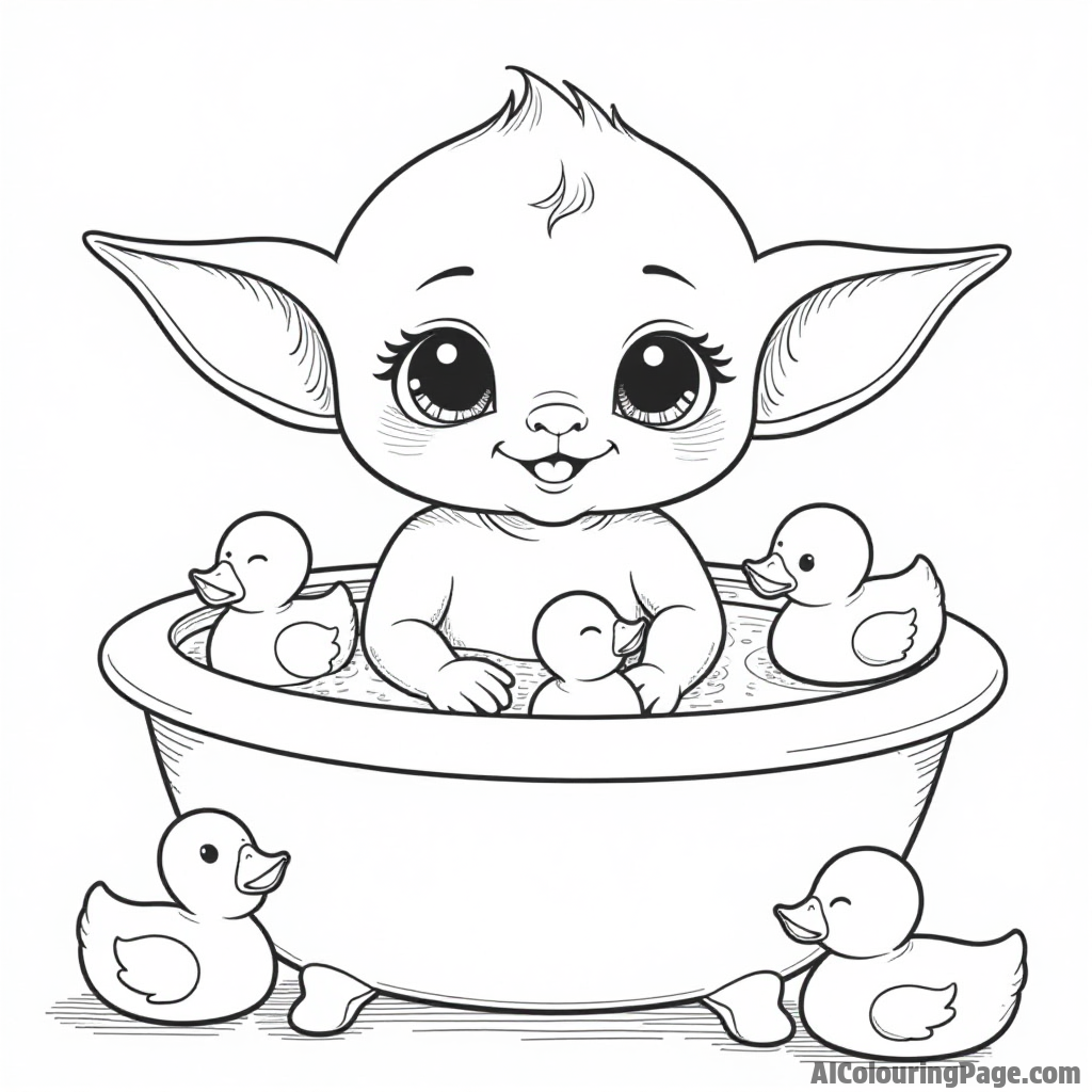 Baby Yoda enjoying a bubble bath in a tub filled with rubber duckies