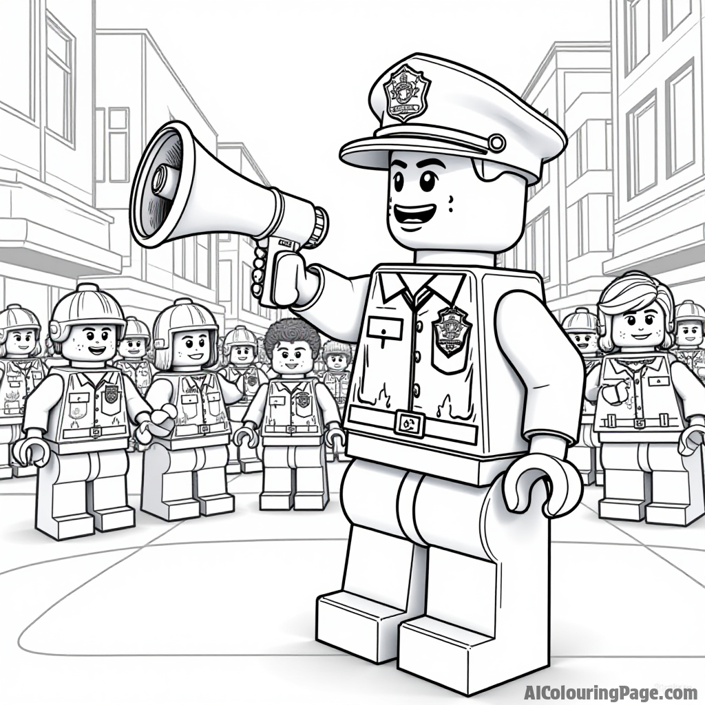 A Lego police officer with a megaphone, directing a Lego parade, filled with fun characters, perfect for children to add their own colors and creativity.