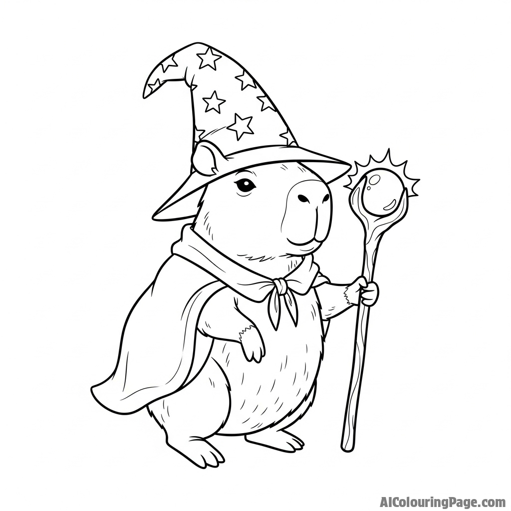 A capybara as a wizard, with a pointed hat and a glowing staff.