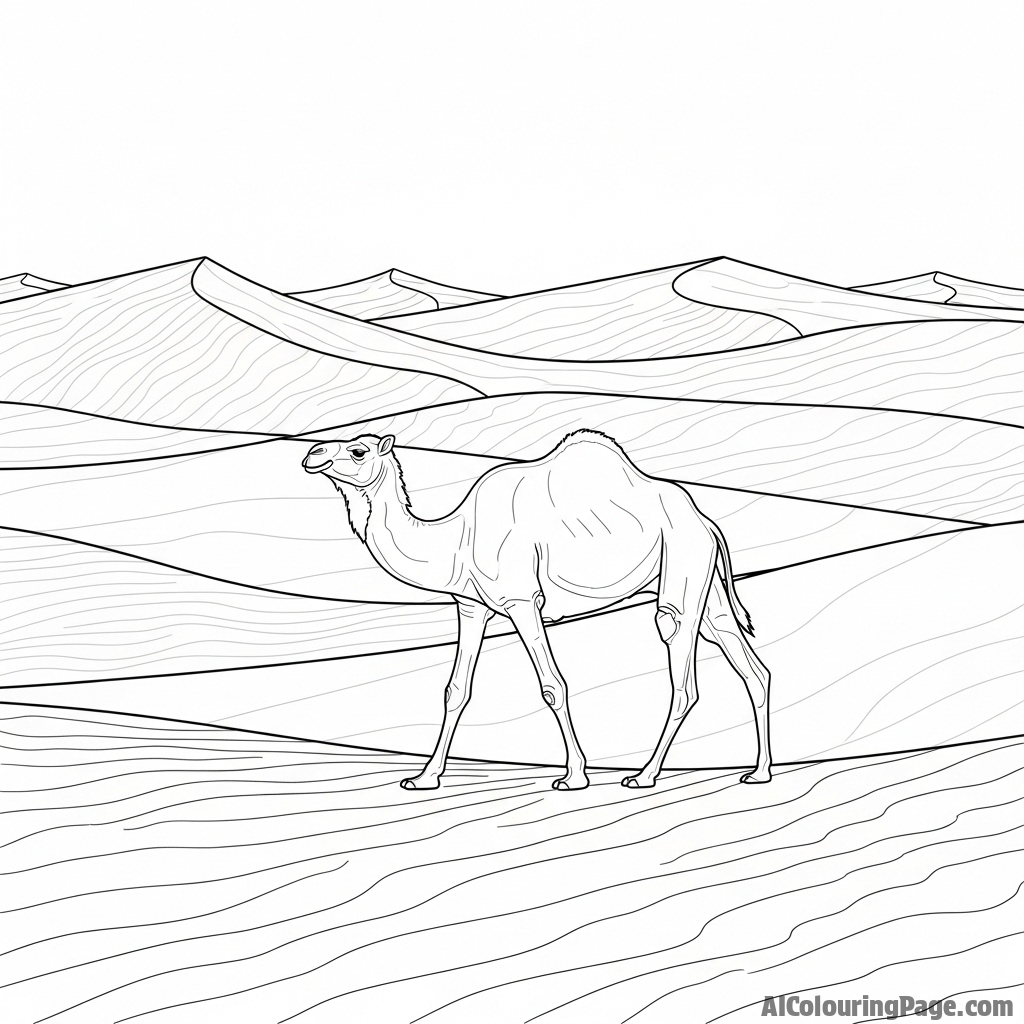 A lone camel trekking across vast, windswept sand dunes