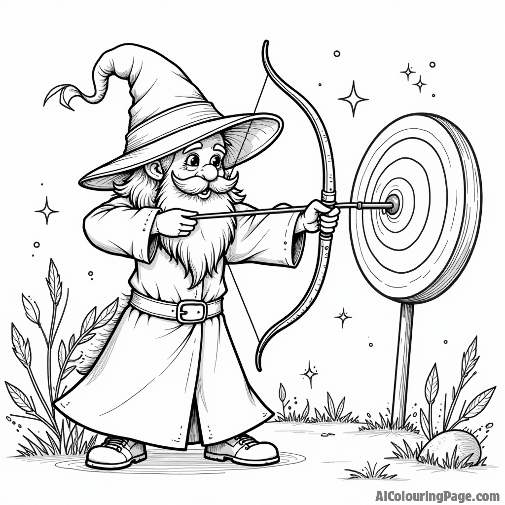 A cartoon character dressed as a wizard, casting a spell while aiming a bow at a floating target, with magical sparkles and whimsical elements creating a fantastical archery experience.