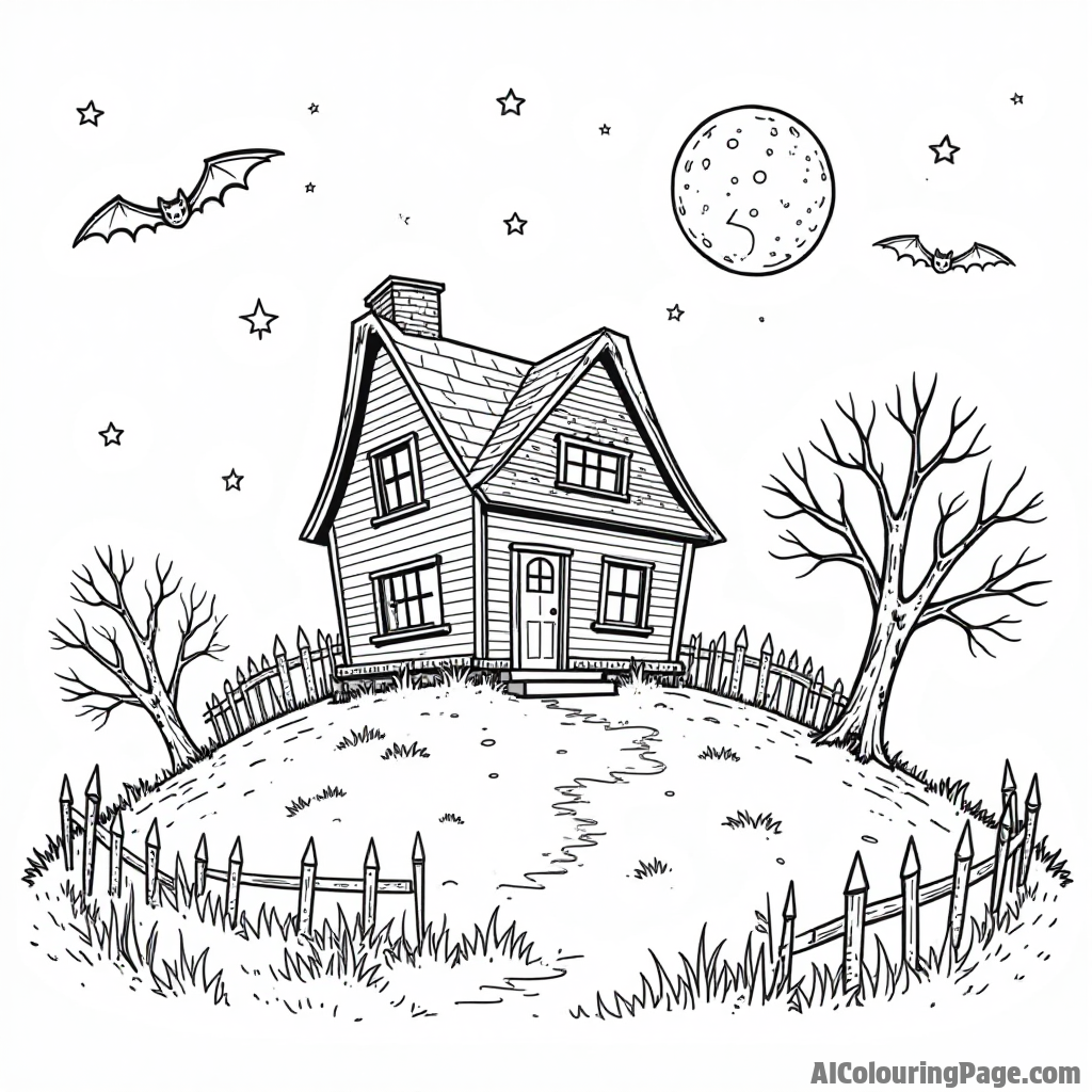 A haunted house on a hill with a crooked fence and bats flying around under a starry night sky.