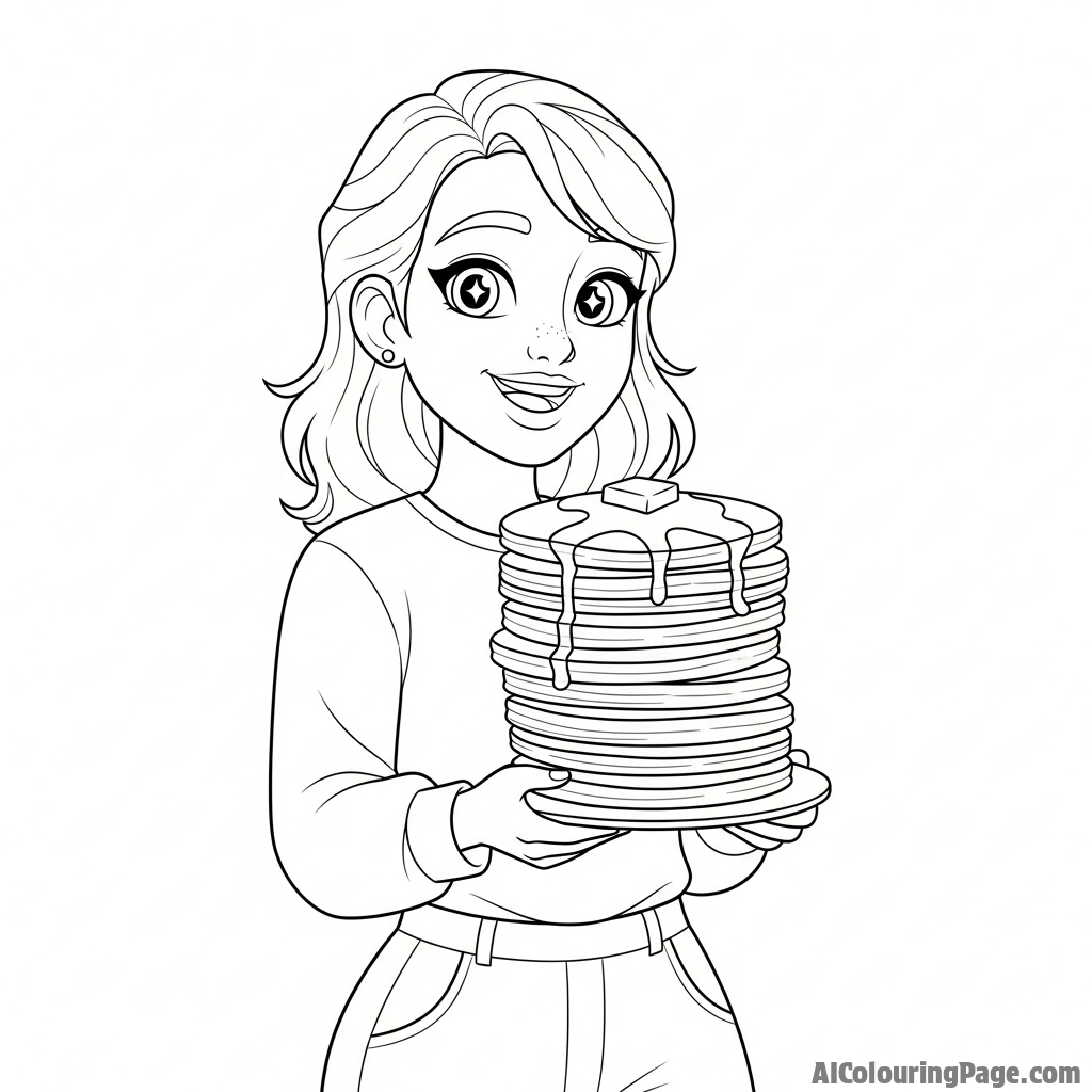Kawaii Aphmau holding a stack of pancakes with a cheerful expression.