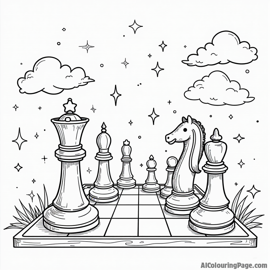 A whimsical chessboard with oversized pieces, featuring a playful knight and a curious pawn, surrounded by stars and clouds, inviting children to color their own chess adventure in black and white.