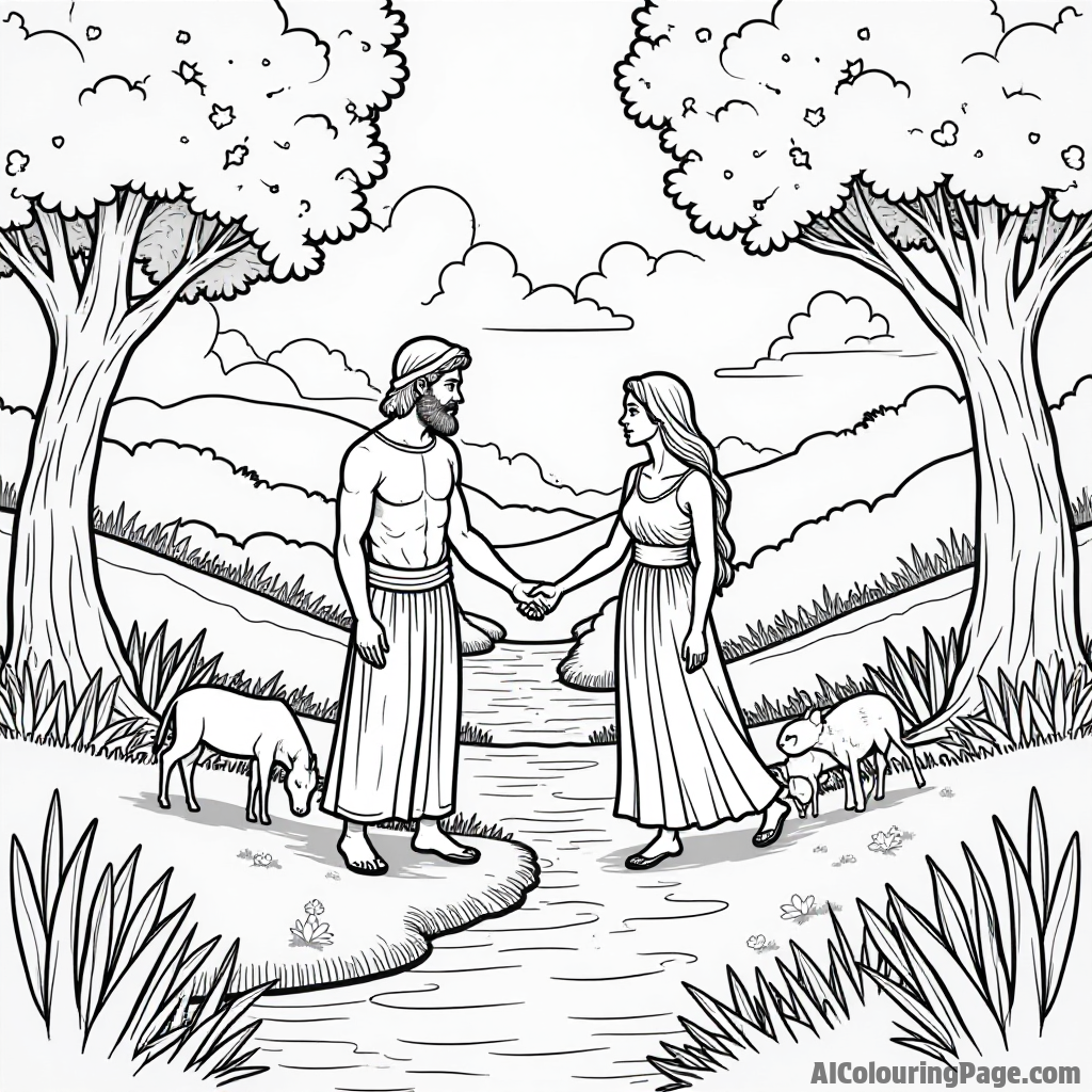 A serene garden with Adam and Eve surrounded by animals, trees, and a gentle river flowing in the background.