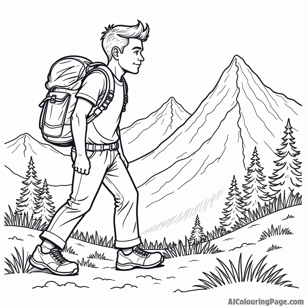 Johnny Bravo hiking in the mountains with a backpack and a scenic view