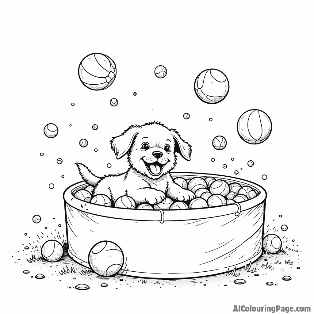 A puppy playing in a colorful ball pit, with friends diving in and balls flying everywhere, joyfully splashing around.