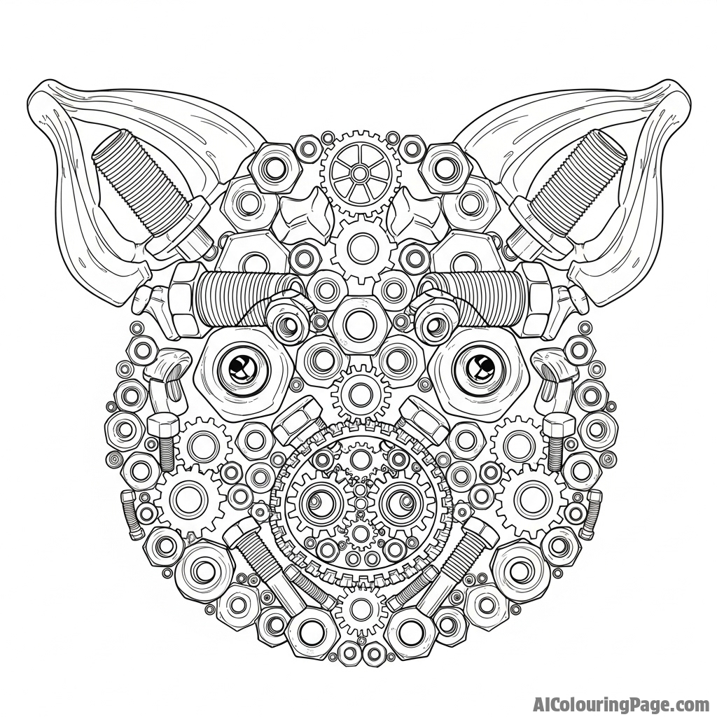 A pig's face made from an assemblage of nuts, bolts, and gears.