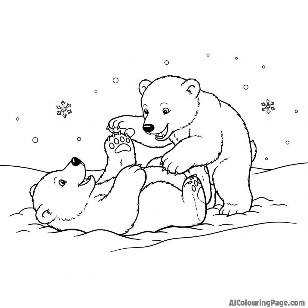 Two young polar bears playfully wrestling in deep, powdery snow.