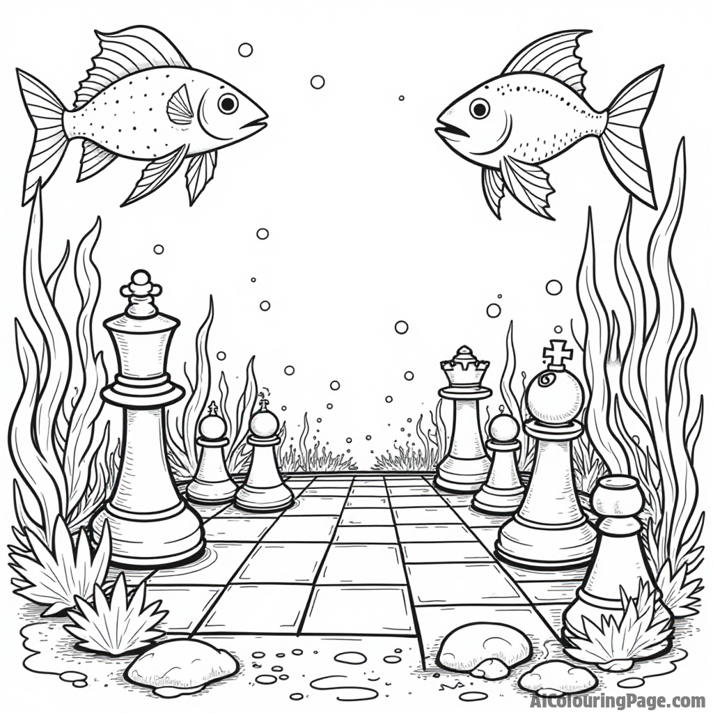 A whimsical underwater chess scene, with playful fish and treasure chest chess pieces, creating an oceanic adventure for kids to enjoy while coloring their imaginative marine world.