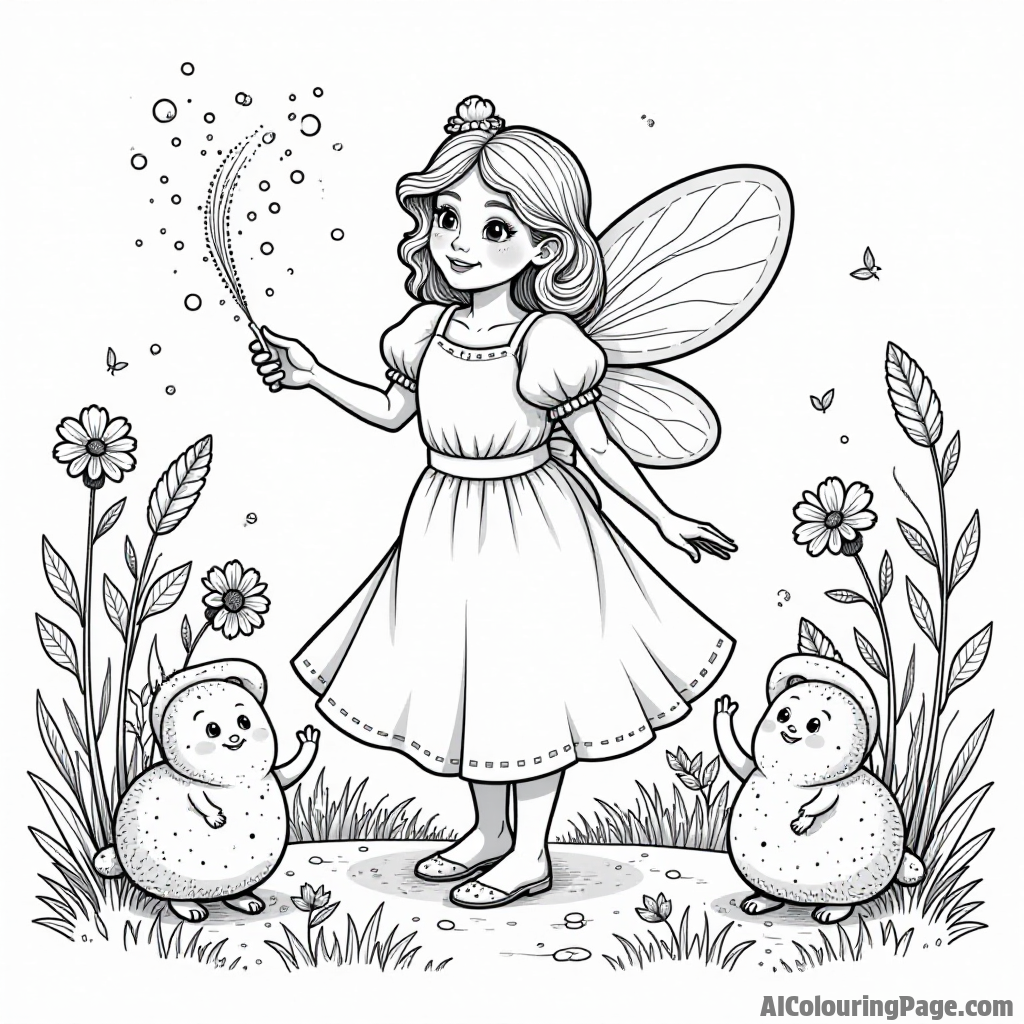 A whimsical bread fairy sprinkling flour in a garden filled with blooming flowers and tiny bread creatures dancing.