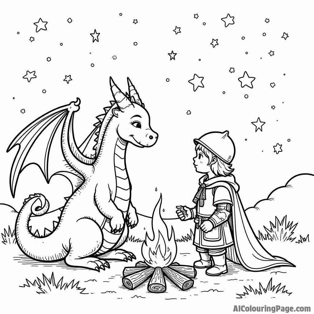 A dragon and a knight sharing a peaceful moment by a campfire under a starry night sky.