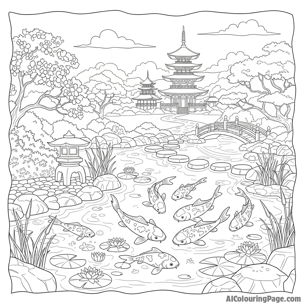 A panoramic view of a grand imperial koi pond with a traditional pagoda in the distance.