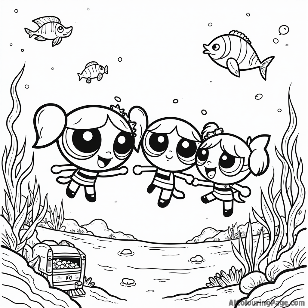 The Powerpuff Girls exploring an underwater world, surrounded by colorful fish, coral reefs, and treasure chests, showcasing adventure and friendship