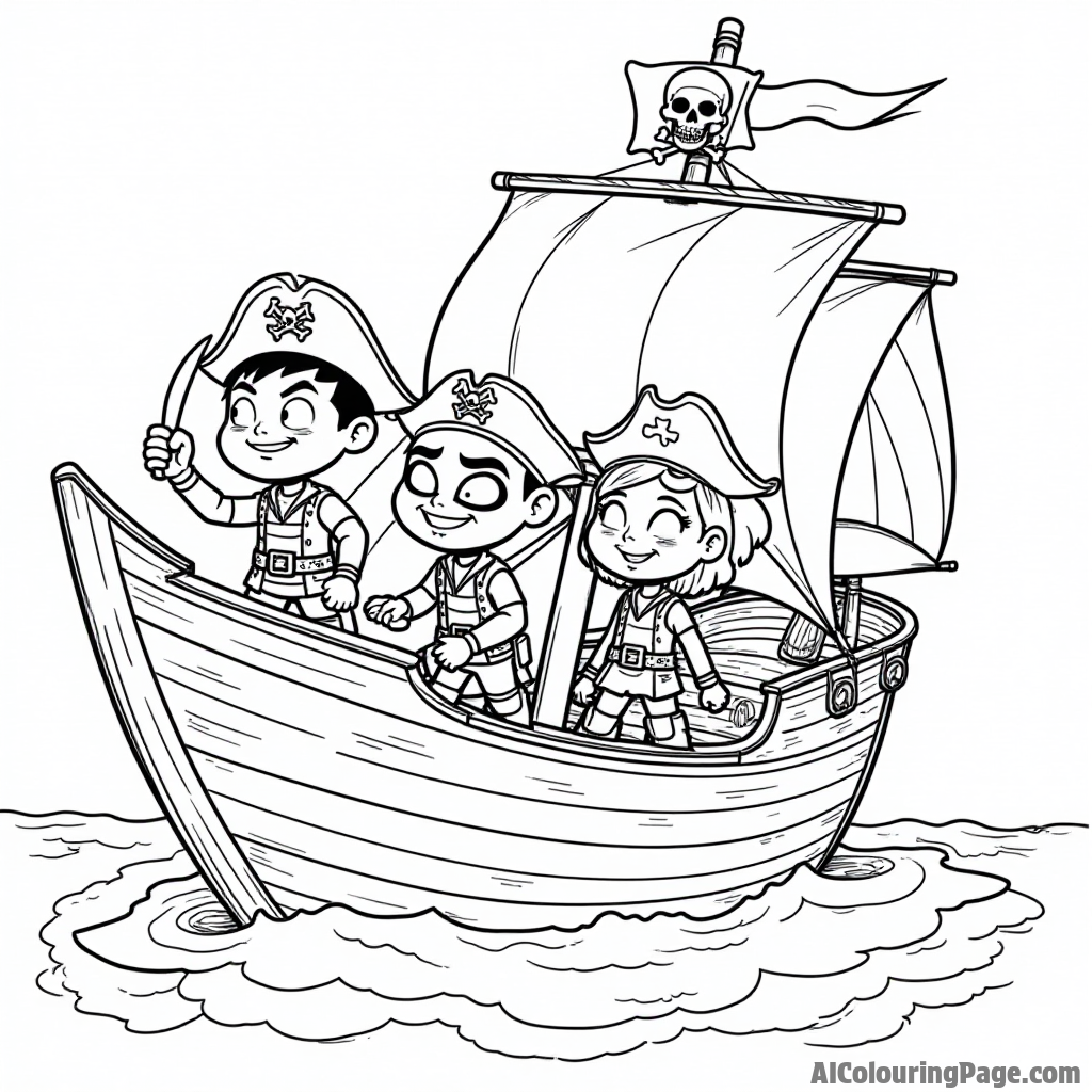 Teen Titans sailing on a pirate ship, wearing pirate hats, with a treasure map spread out on the deck for adventure.