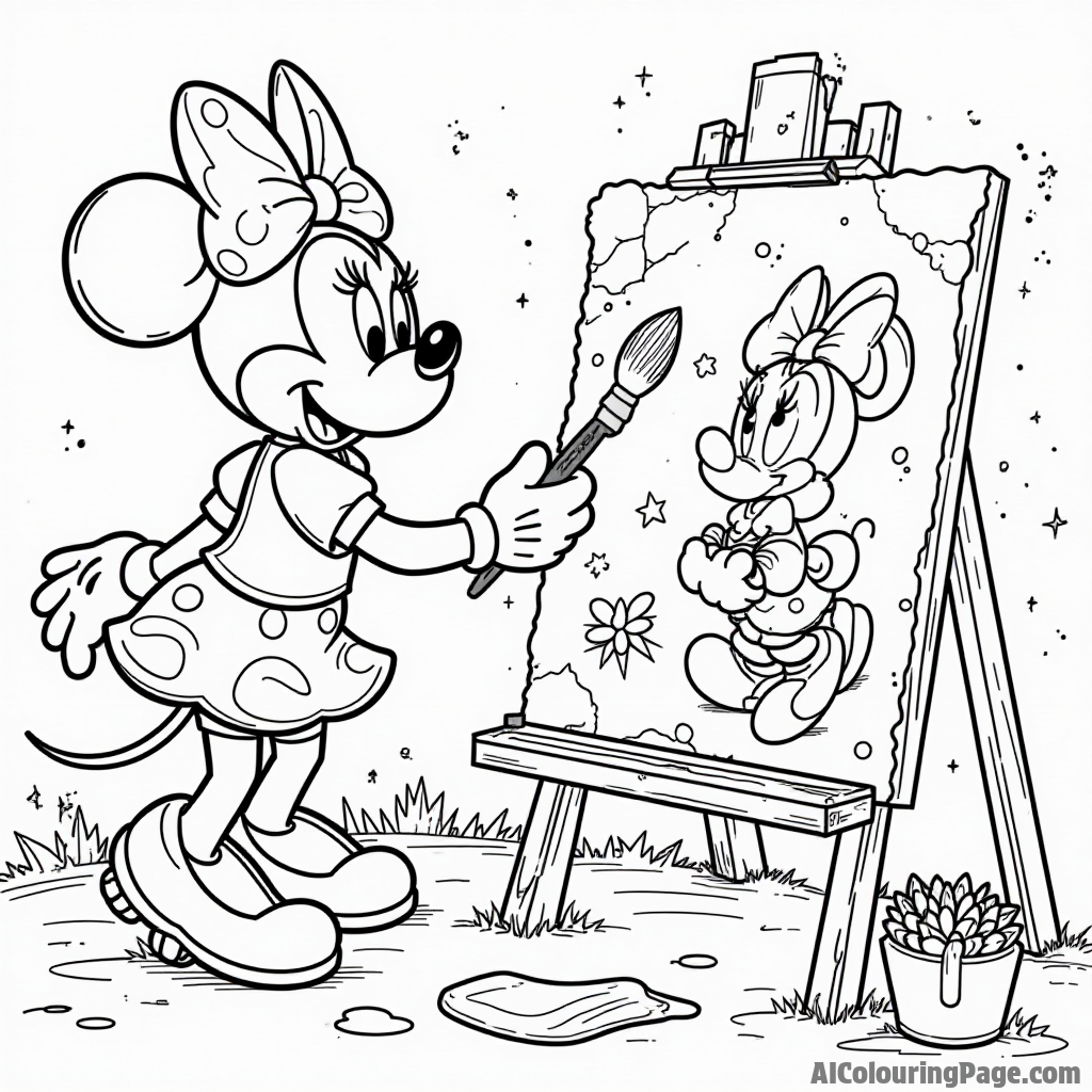 Minnie Mouse painting a mural on a wall, with bright colors and big brushes, surrounded by her artistic friends