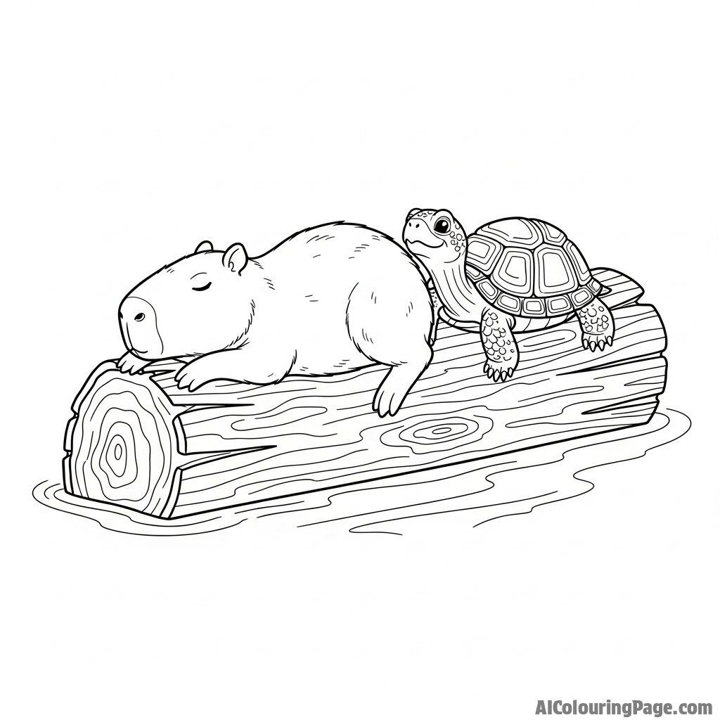 A capybara sharing a sunbathing spot with a turtle on a log.