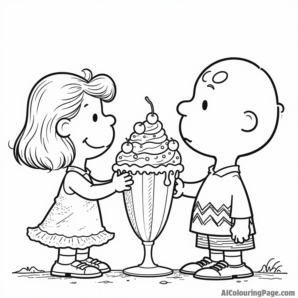 Lucy and Charlie Brown sharing a giant ice cream sundae with cherries and sprinkles on top