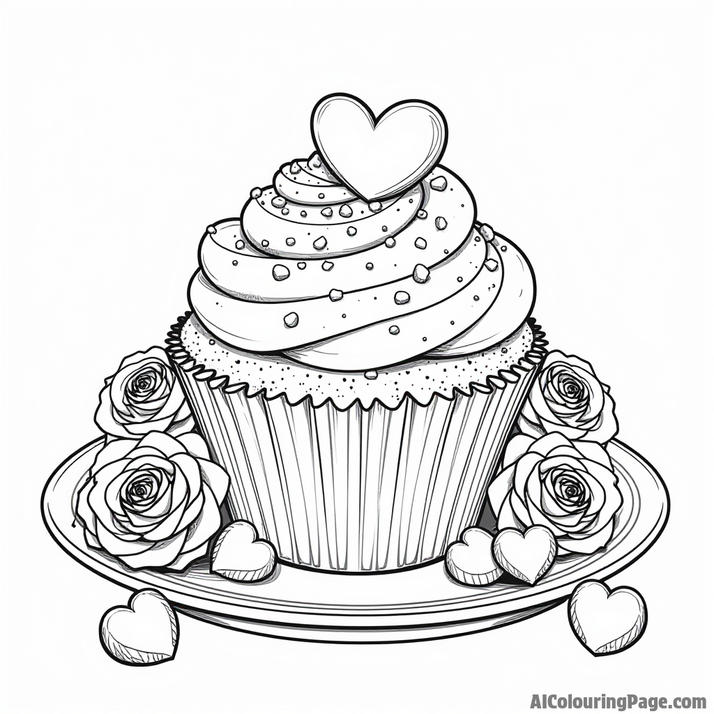 A cupcake with heart-shaped sprinkles sitting on a decorative plate surrounded by roses and candies for Valentine’s Day