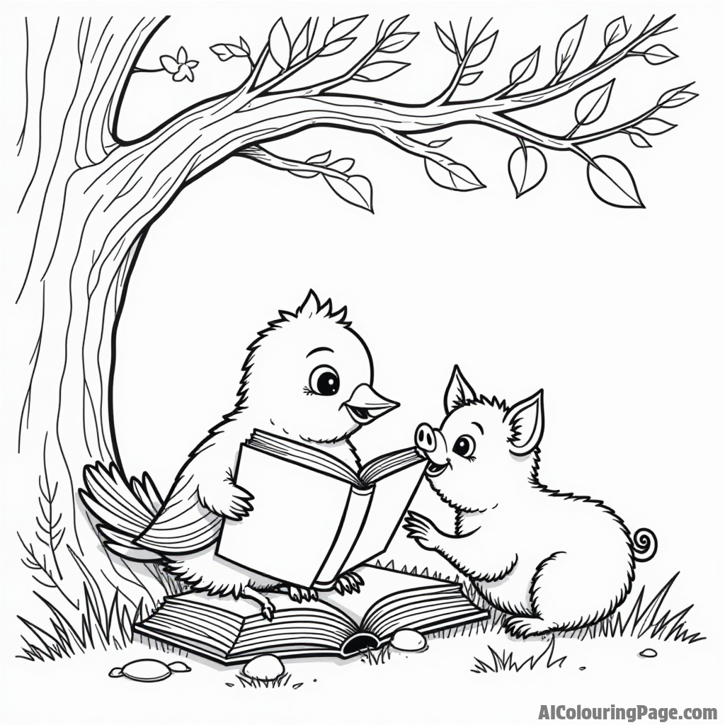 A bird reading a book under a tree with a pig peeking over the pages, both intrigued by the story