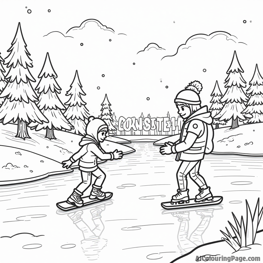 A whimsical Fortnite winter scene with characters ice skating on a frozen lake surrounded by snow-covered trees for kids to color