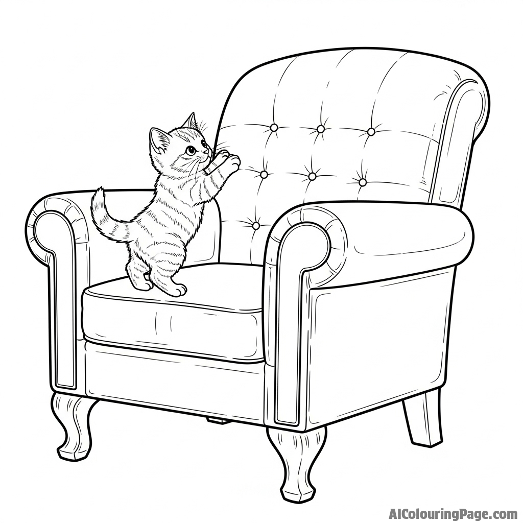 A tiny kitten trying to climb a huge armchair.