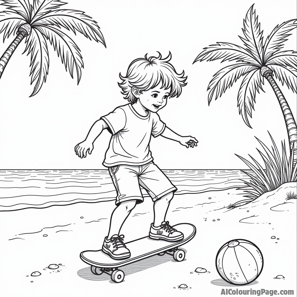 A child skateboarding on a sandy beach, with a beach ball and palm trees nearby, capturing a fun summer vibe for kids to color in their favorite designs.