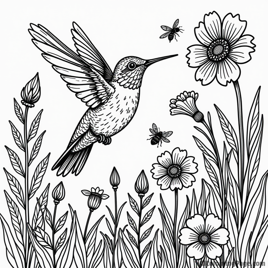 A hummingbird exploring a colorful rainbow garden filled with different flower types and buzzing bees.