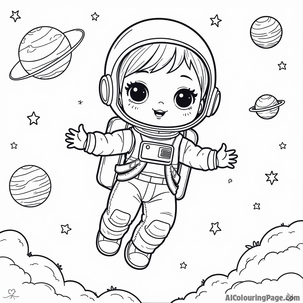 A doll astronaut floating in space, with planets and stars around, encouraging children to explore their creativity through coloring.