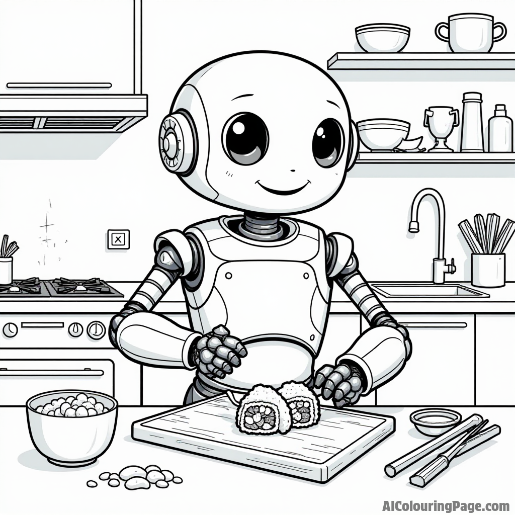 A friendly robot making sushi in a futuristic kitchen, fun gadgets and ingredients scattered around for creativity.