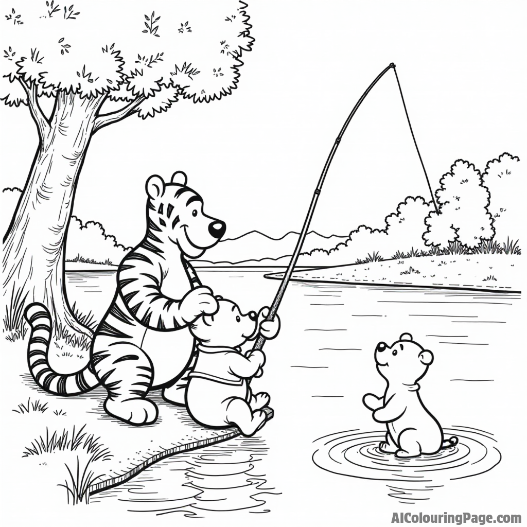 Tigger and Pooh fishing by the riverbank, with a big fish jumping out of the water and Piglet watching.