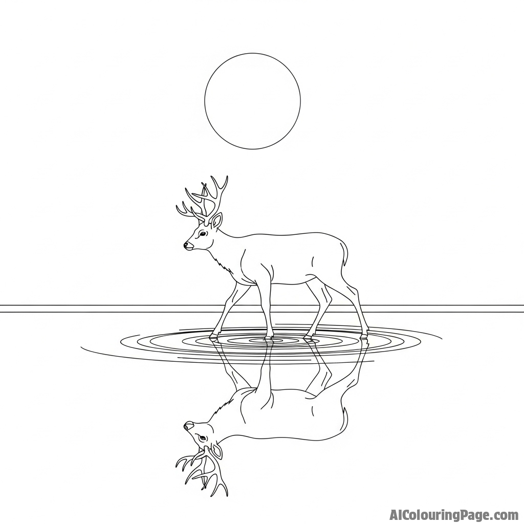 A deer appearing to walk on the surface of still water under a full moon.