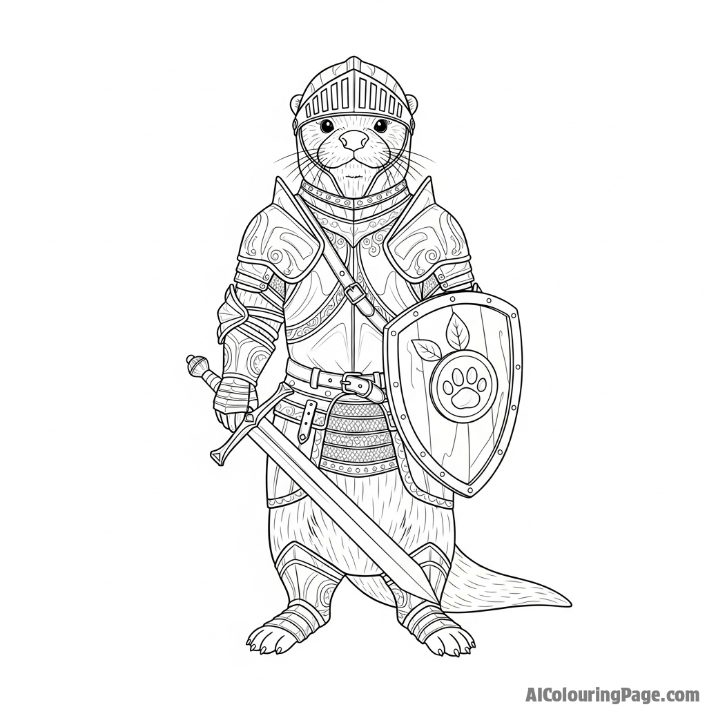 Fantasy art of an otter knight clad in intricate, shiny armor.