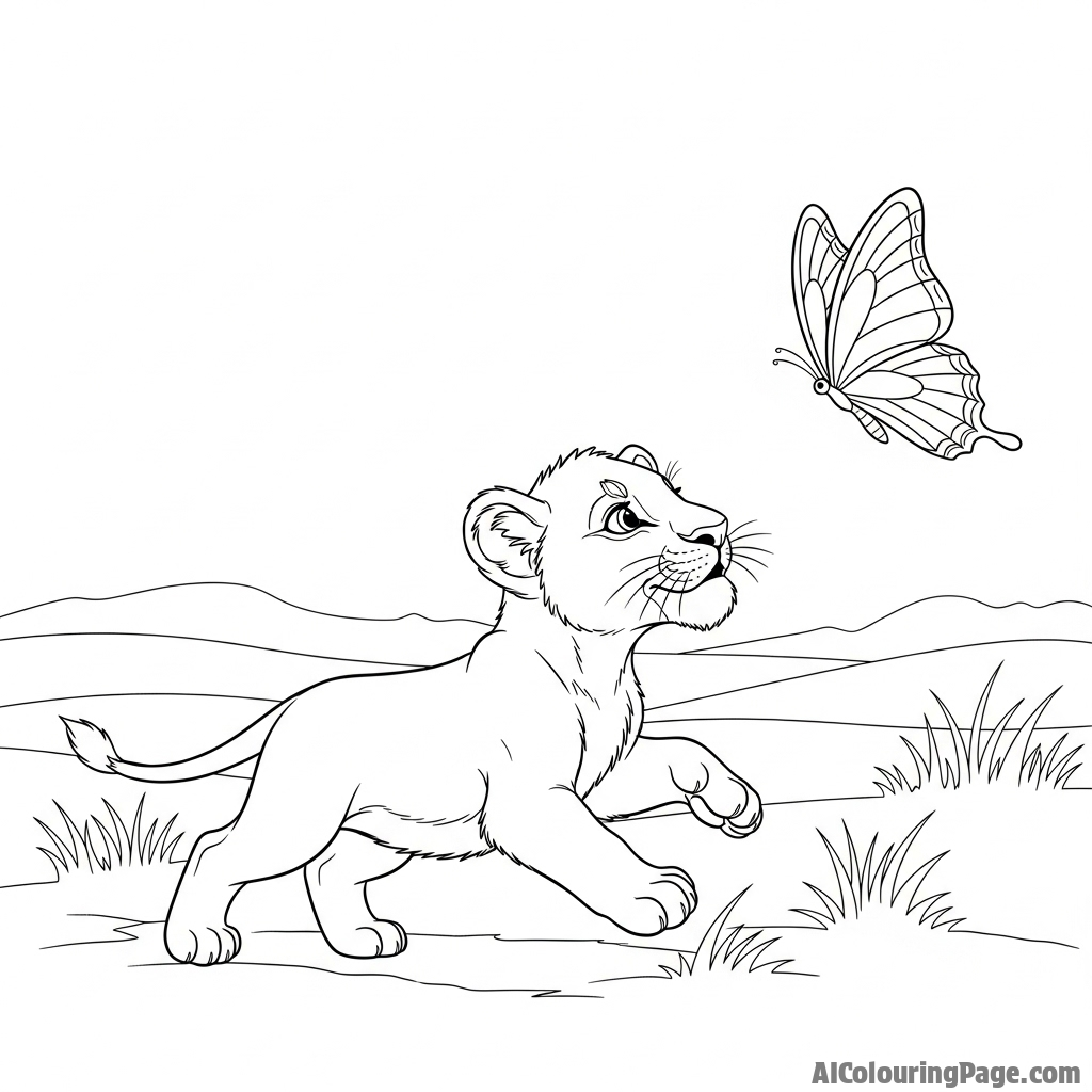 A lion cub curiously chasing a butterfly in a field.