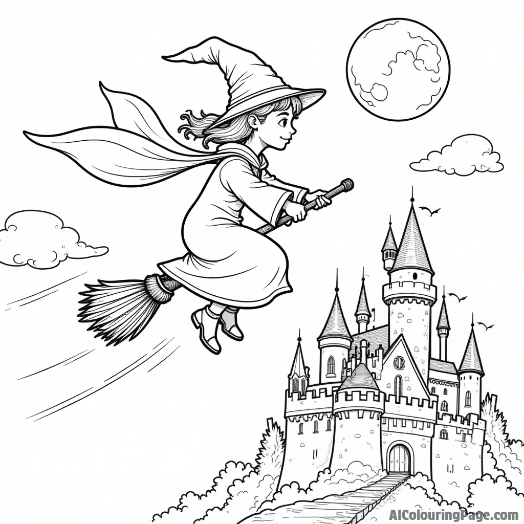 A young wizard flying on a broomstick over a castle with a full moon in the background and clouds.