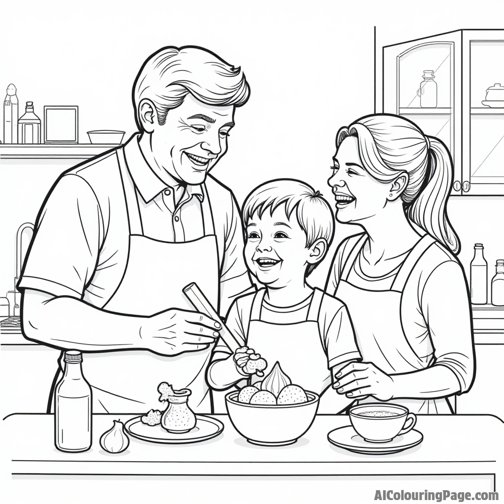 A cozy kitchen scene where a family is making homemade ice cream together with laughter