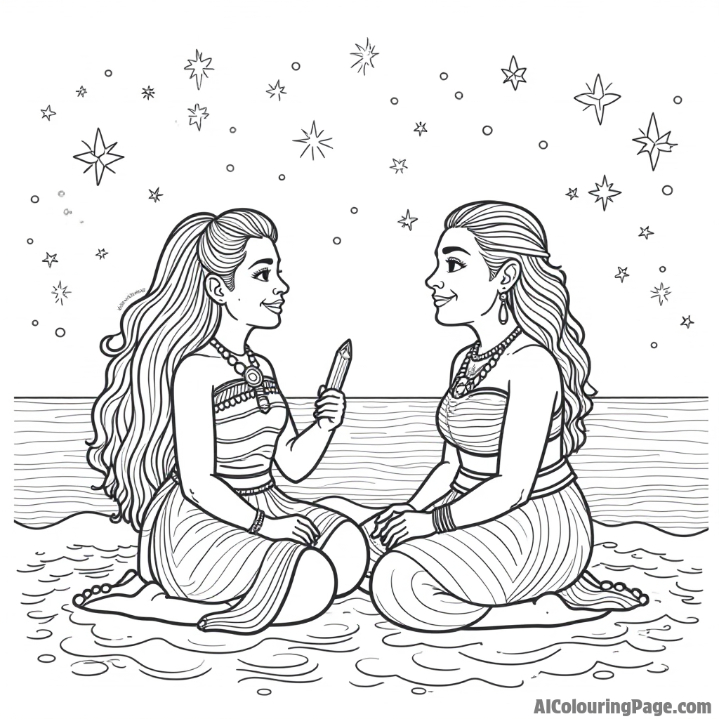 Moana and her grandmother surrounded by stars and ocean waves, sharing stories about their ancestors on a tranquil night.