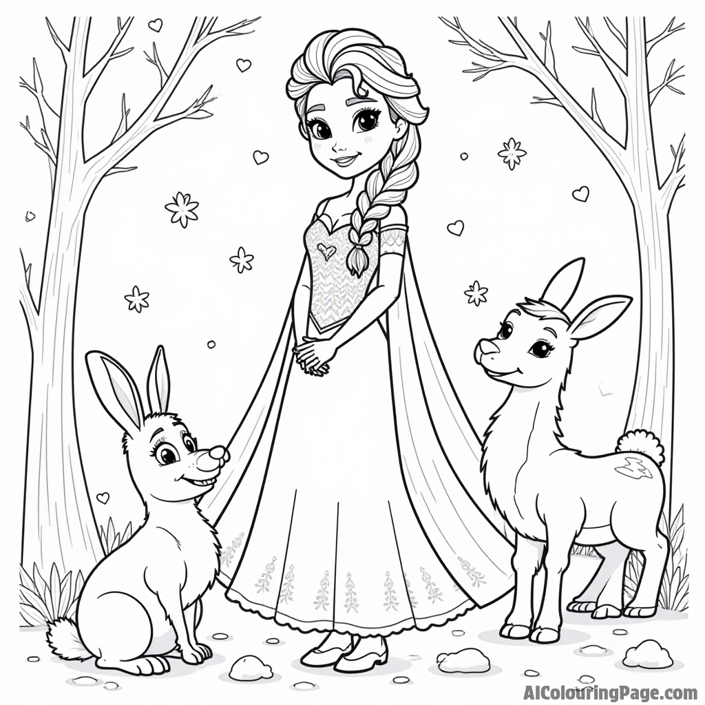 Elsa surrounded by cute winter animals like rabbits and deer