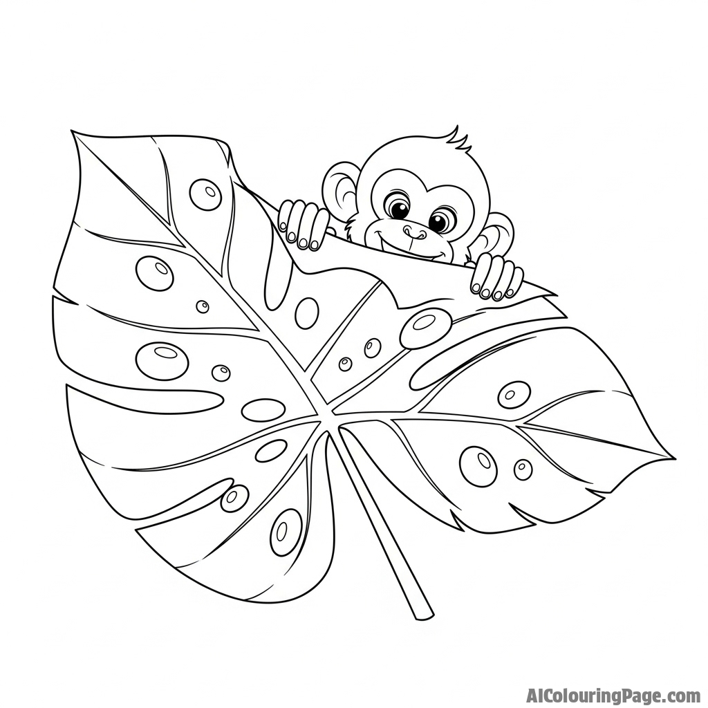 A monkey peeking out from behind a giant, dew-covered tropical leaf.