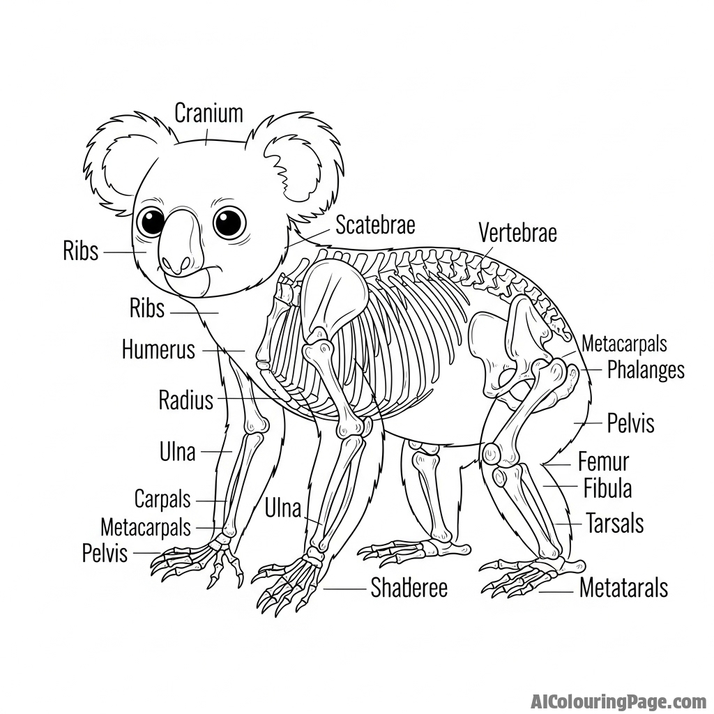 A scientific skeletal illustration of a koala, annotated with labels.