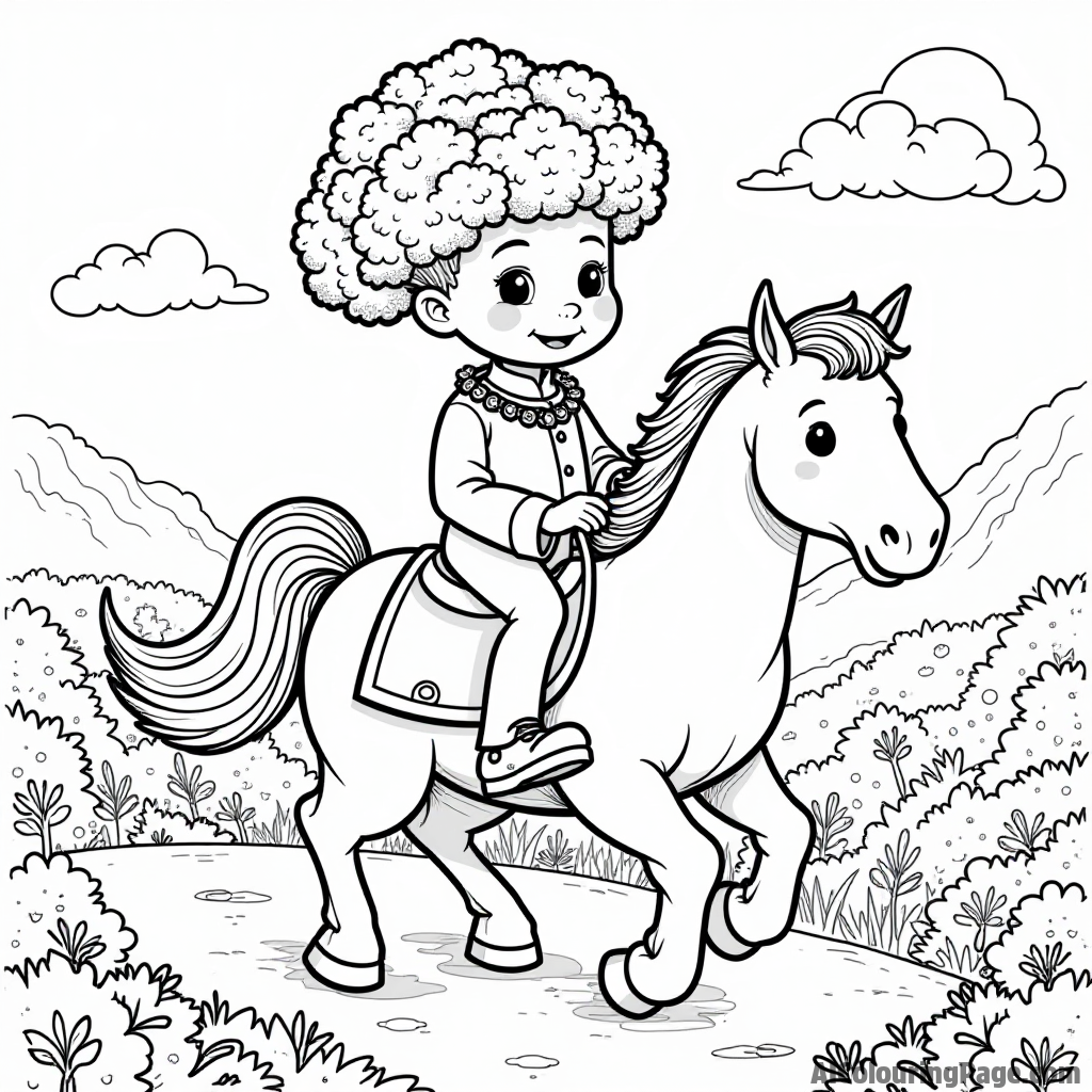 A broccoli character dressed as a prince, riding a vegetable horse through a magical kingdom filled with friendly creatures.