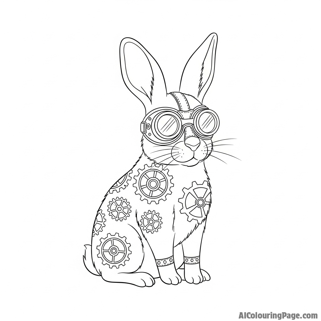 A steampunk rabbit with intricate brass gears and leather goggles.
