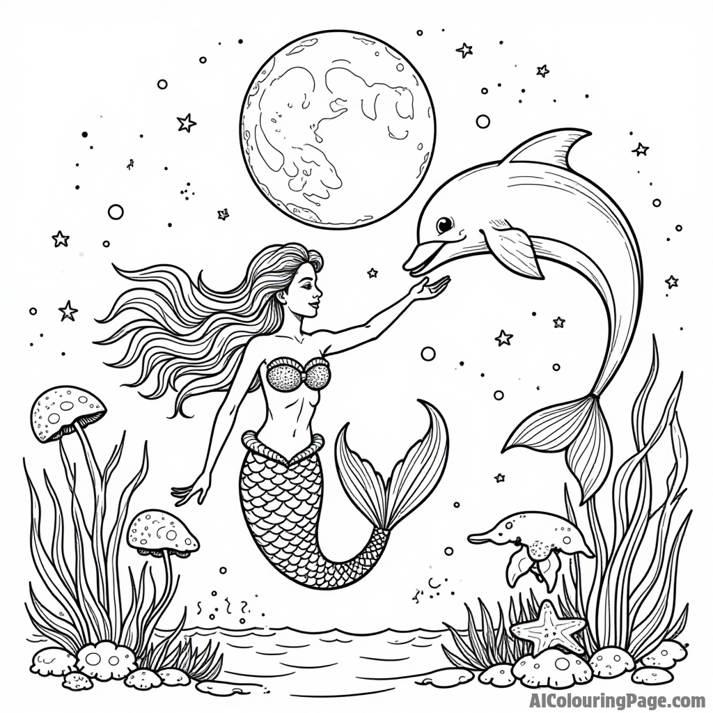 A mermaid playing with dolphins under a full moon, surrounded by glowing jellyfish and starfish in the night sea.